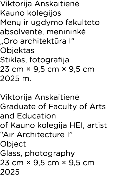 Viktorija Anskaitien Kauno kolegijos Men  ir ugdymo fakulteto absolvent , meninink  „Oro architekt ra I“ Objektas St...
