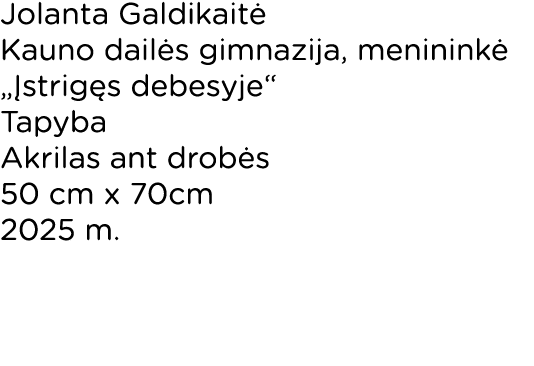 Jolanta Galdikait Kauno dail s gimnazija, meninink  „ strig s debesyje“ Tapyba Akrilas ant drob s 50 cm x 70cm 2025 m.