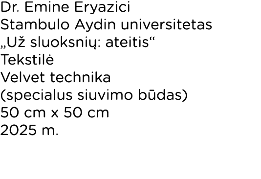 Dr. Emine Eryazici Stambulo Aydin universitetas „U sluoksni : ateitis“ Tekstil  Velvet technika (specialus siuvimo b...