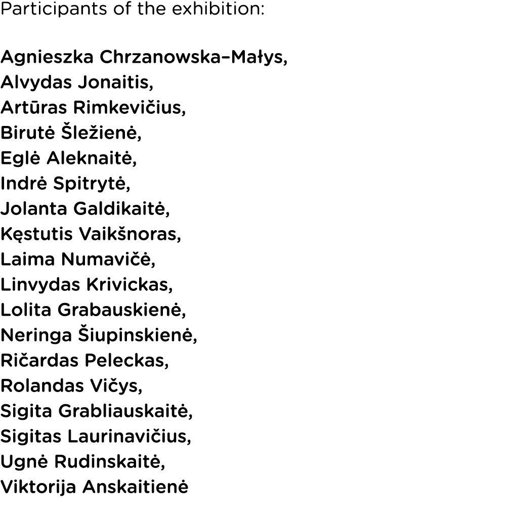 Participants of the exhibition: Agnieszka Chrzanowska Małys, Alvydas Jonaitis, Artūras Rimkevičius, Birutė Šležienė,    