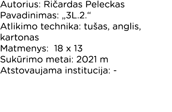 Autorius: Ričardas Peleckas Pavadinimas:  3L 2   Atlikimo technika: tušas, anglis, kartonas Matmenys: 18 x 13 Sukūrim   