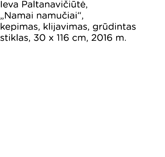 Ieva Paltanavičiūtė,  Namai namučiai , kepimas, klijavimas, grūdintas stiklas, 30 x 116 cm, 2016 m  