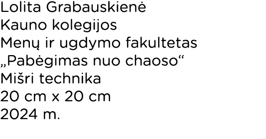 Lolita Grabauskienė Kauno kolegijos Menų ir ugdymo fakultetas  Pabėgimas nuo chaoso  Mišri technika 20 cm x 20 cm 202   