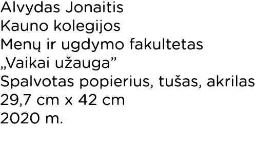 Alvydas Jonaitis Kauno kolegijos Menų ir ugdymo fakultetas  Vaikai užauga  Spalvotas popierius, tušas, akrilas 29,7 c   