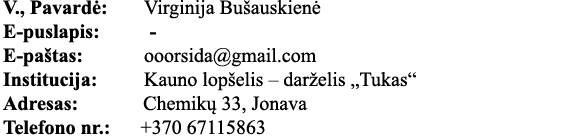 V , Pavardė: Virginija Bušauskienė E-puslapis:     - E-paštas: ooorsida gmail com Institucija: Kauno lopšelis   darže   
