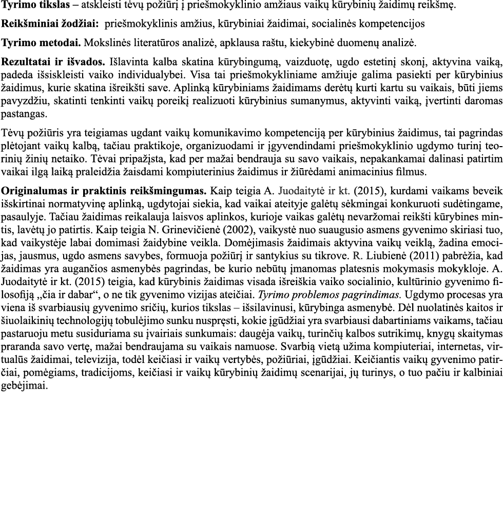 Tyrimo tikslas   atskleisti tėvų požiūrį į priešmokyklinio amžiaus vaikų kūrybinių žaidimų reikšmę  Reikšminiai žodži   