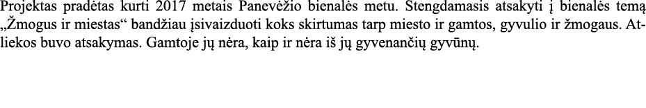 Projektas pradėtas kurti 2017 metais Panevėžio bienalės metu  Stengdamasis atsakyti į bienalės temą  Žmogus ir miesta   