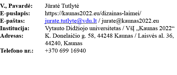 V , Pavardė: Jūratė Tutlytė E-puslapis: https:  kaunas2022 eu dizainas-laimei  E-paštas: jurate tutlyte vdu lt   jura   